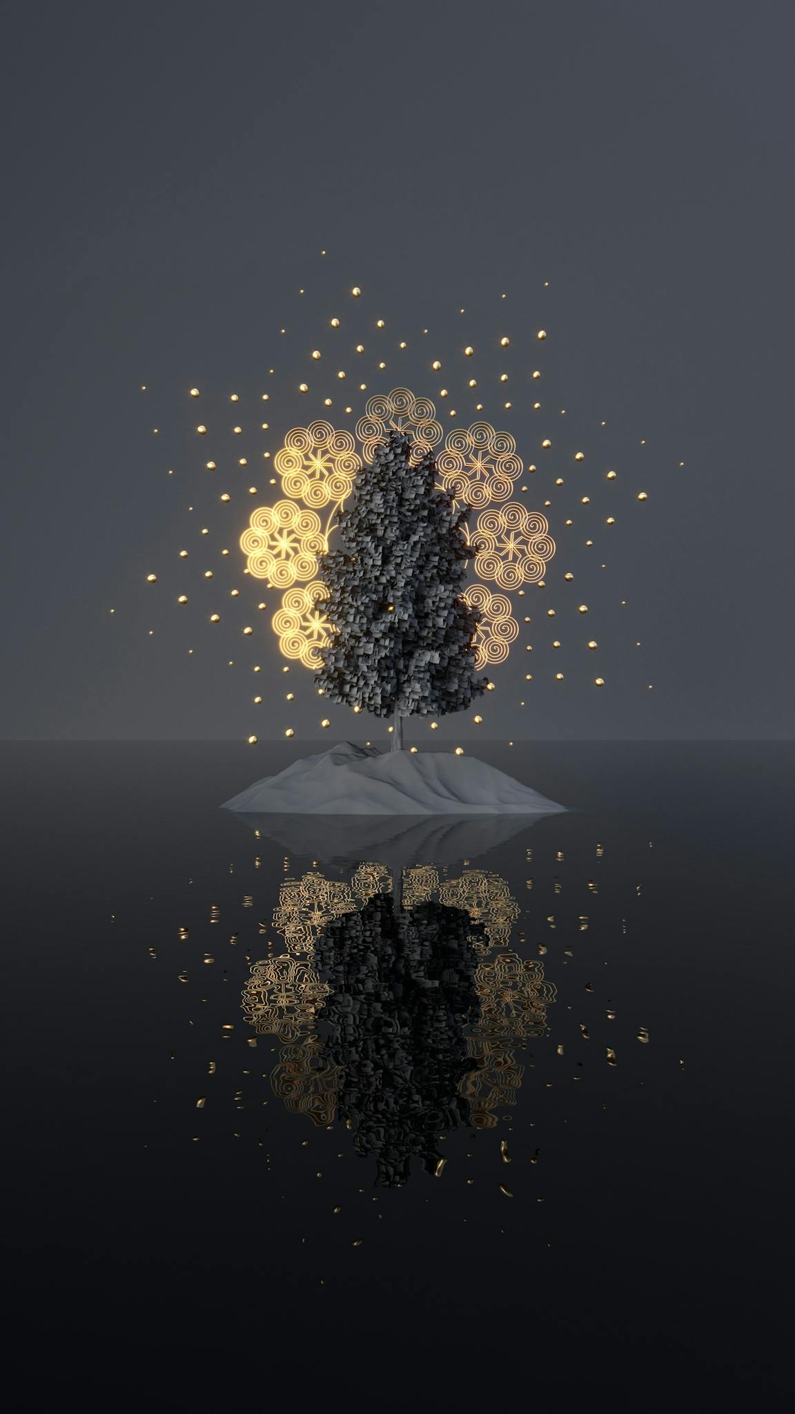 A black tree sculpture with a golden geometric halo on a reflective surface, creating a mystical and elegant effect.