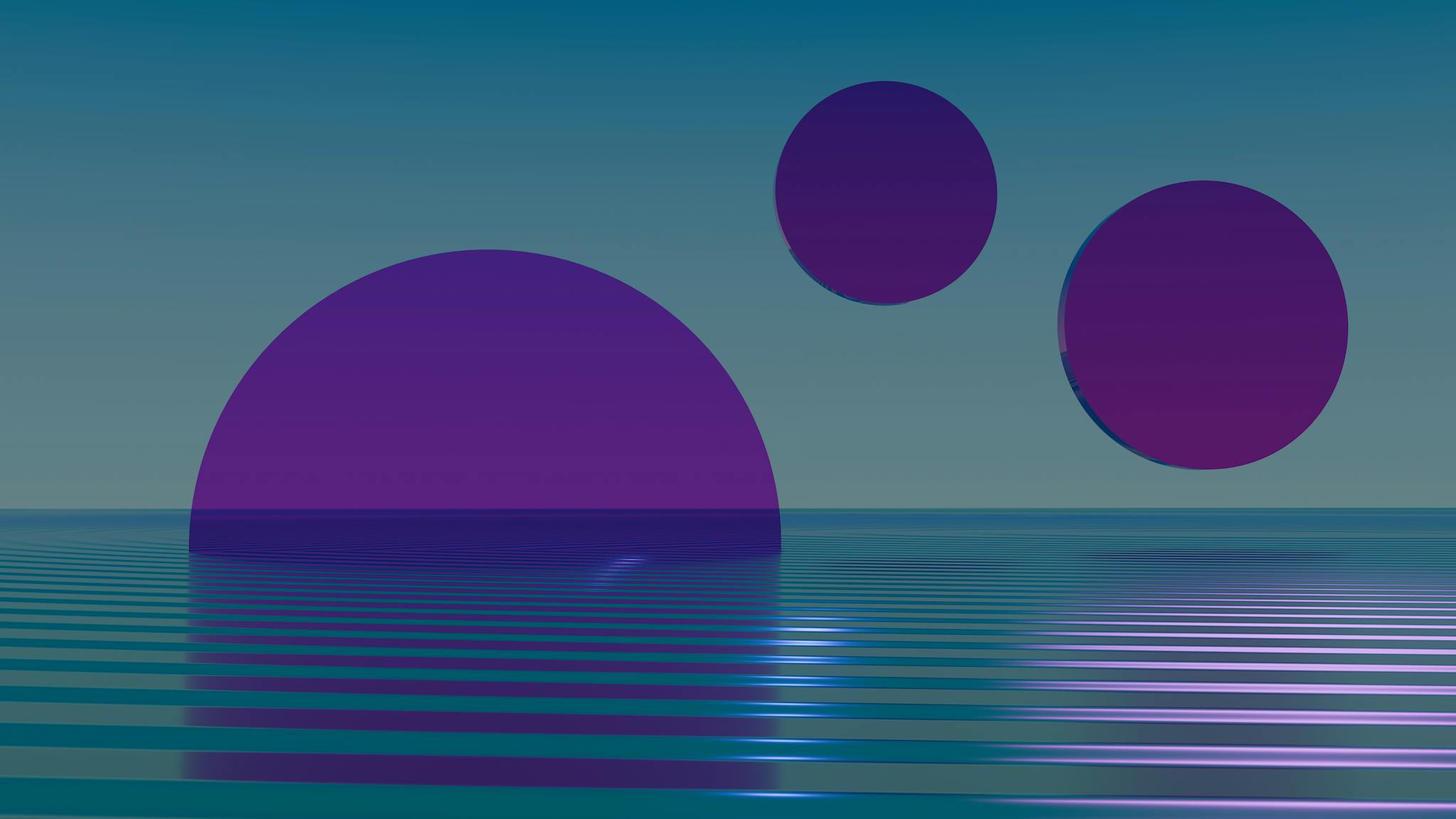 Purple geometric spheres floating over a serene water surface, digital abstract art.