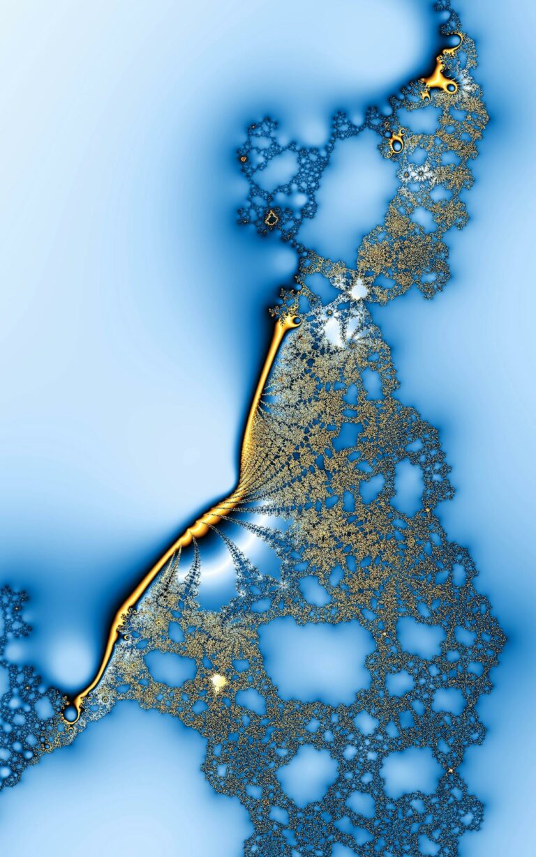 Stunning blue and gold fractal art with intricate details in a vertical layout.